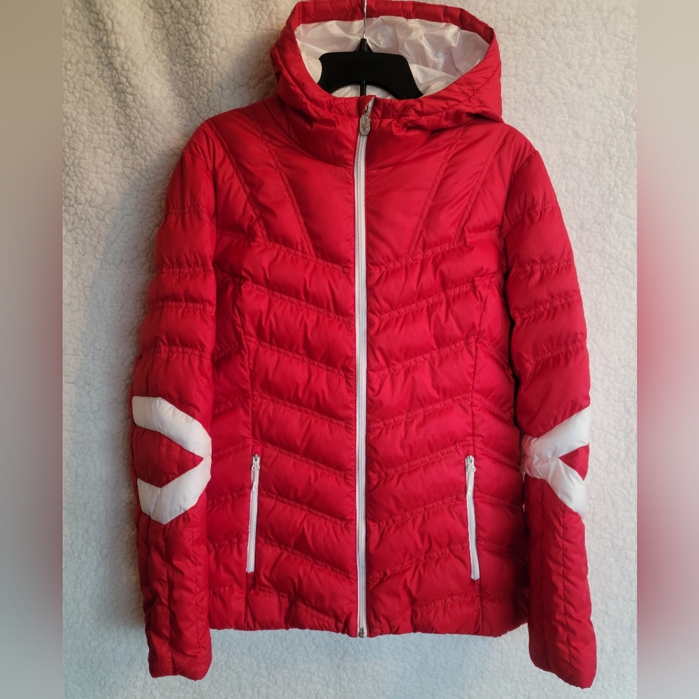 Spyder Timeless Full Zip Hooded Down Puffer Jacket Red White Women's Size L NWOT